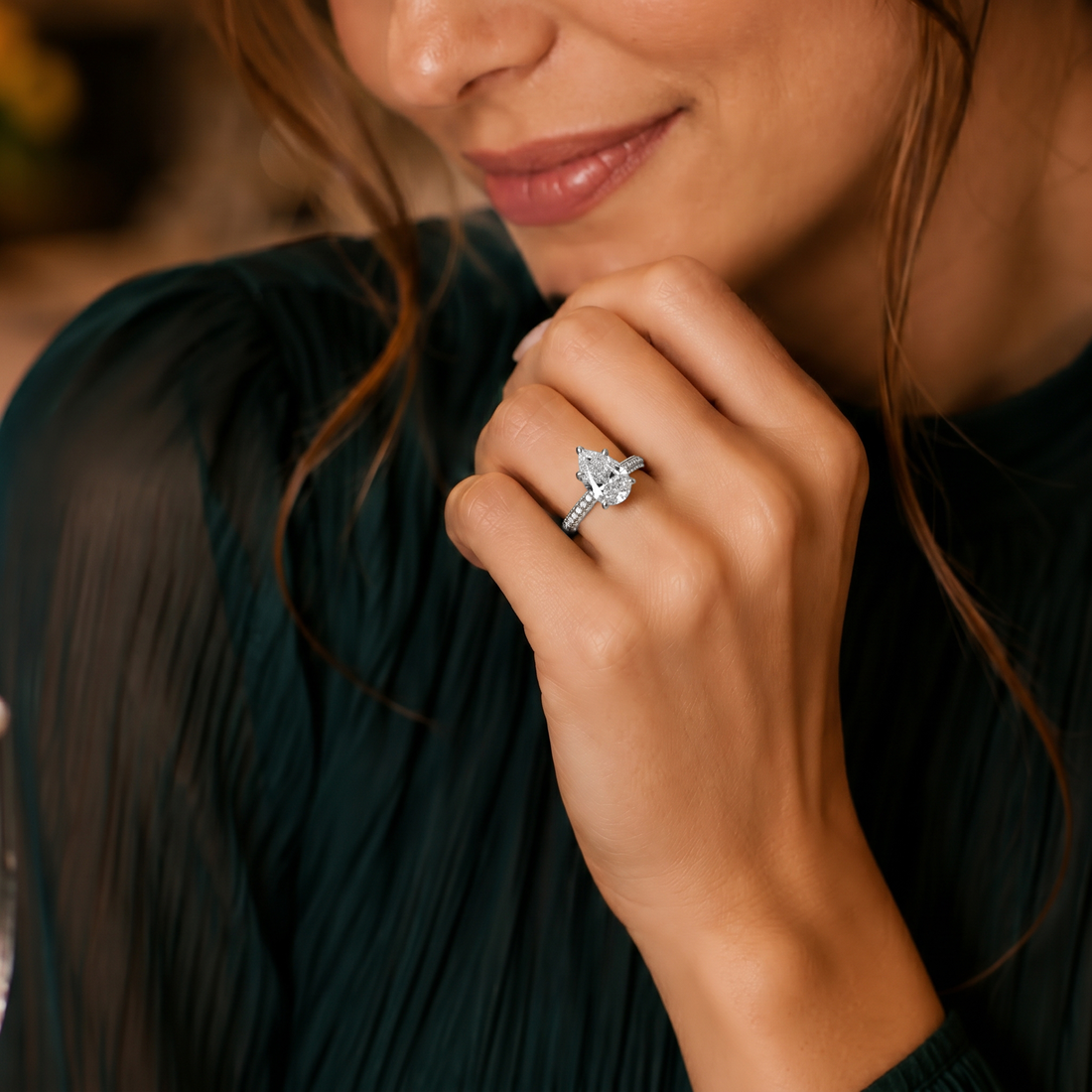 Leonora Pear Cut Hidden Halo Pave Setting Diamond Engagement Ring - 18K White