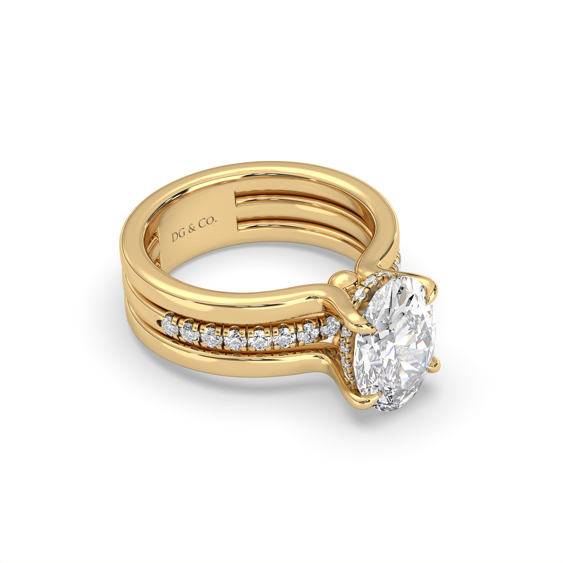 Crystal Oval Cut Hidden Halo Cathedral Style Triple Band Pave Setting Side Stones Diamond Engagement Ring - 18K Yellow