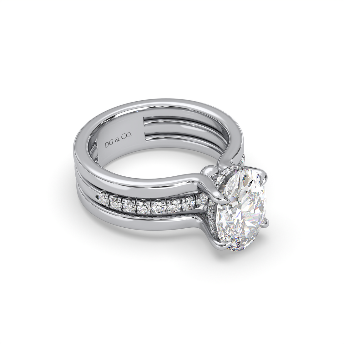 Crystal Oval Cut Hidden Halo Cathedral Style Triple Band Pave Setting Side Stones Diamond Engagement Ring - 18K White