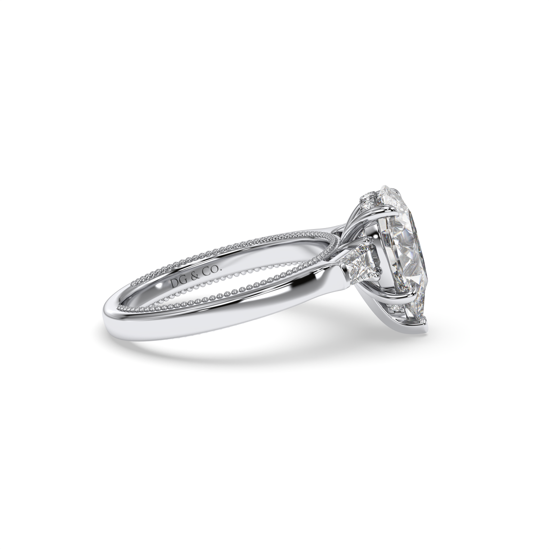 Margot Trilogy Antique Style Pear Cut with Tapered Baquette Side stone Diamond Ring - 18K White