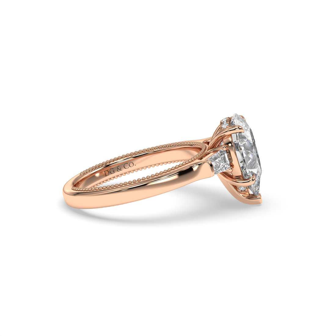Margot Trilogy Antique Style Pear Cut with Tapered Baquette Side stone Diamond Ring - 18K Rose