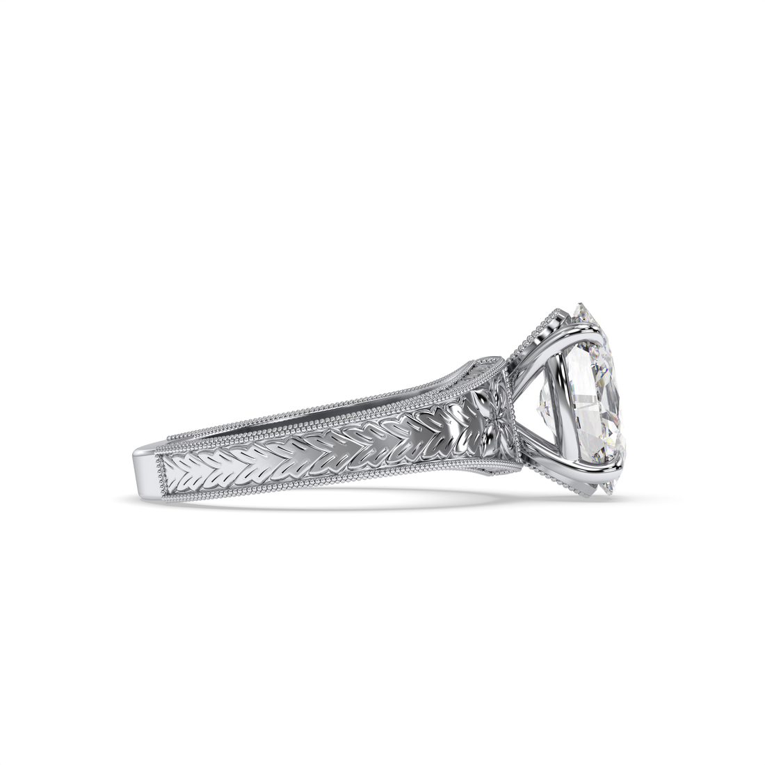 Amara Antique Engraved Style Oval Cut Solitaire Diamond Engagement Ring - 18K White