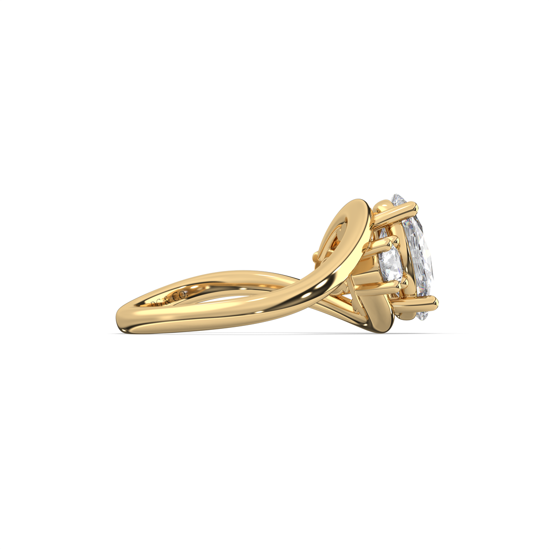 Prag Trilogy Oval Cut Carve Band Four Claw Diamond engagement Ring - 18K Yellow