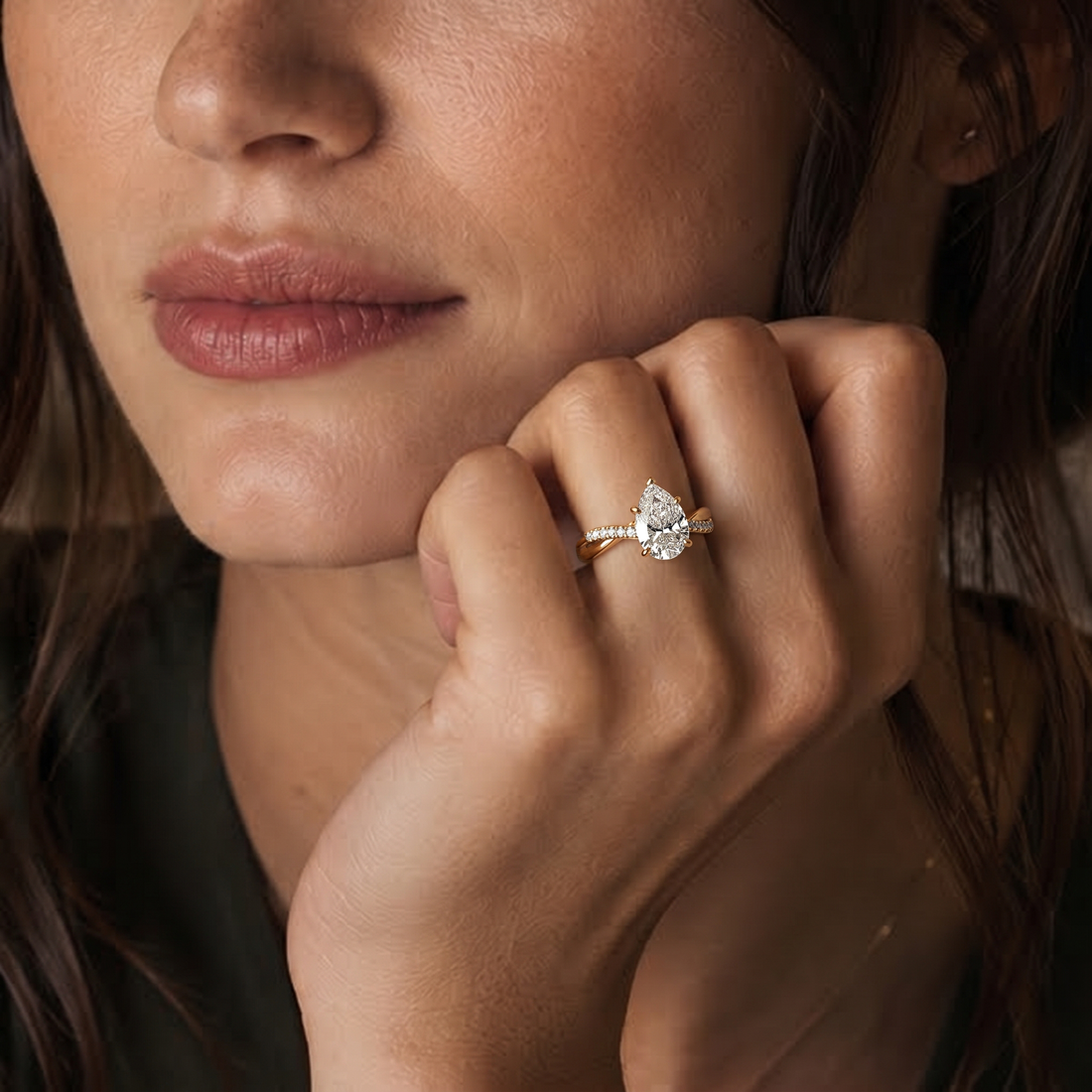 Cataleya Pear Cut Twist Band Hidden Halo Pave Setting Diamond engagement Ring - 18K Rose