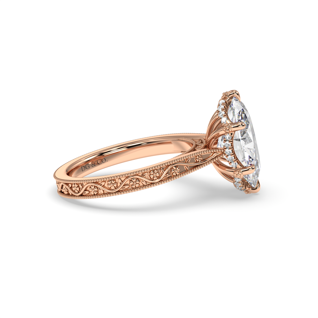 Larosa Oval Cut Antique Floral Style Hidden Wave Halo Cathedral Engraved Diamond Engagement Ring - 18K Rose