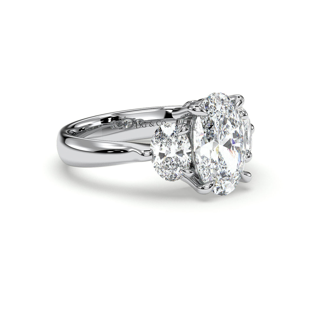 Thera Trilogy Three Stone Tapered Band  Oval Cut with Oval Side stones Diamond Engagement Ring - 18K White