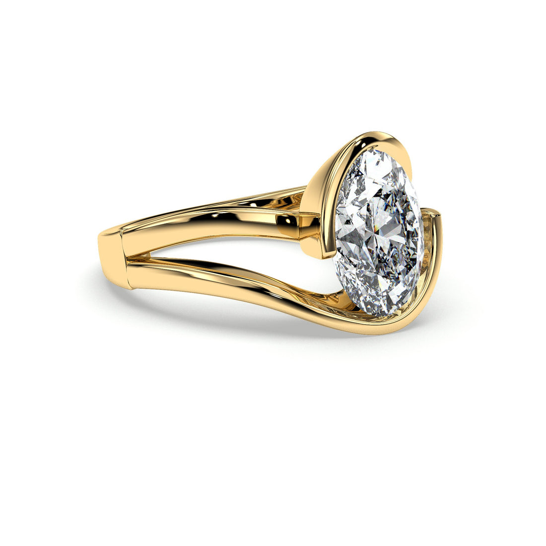 Feah Oval Cut Split Band Half Bezel Diamond Engagement Ring - 18K Yellow
