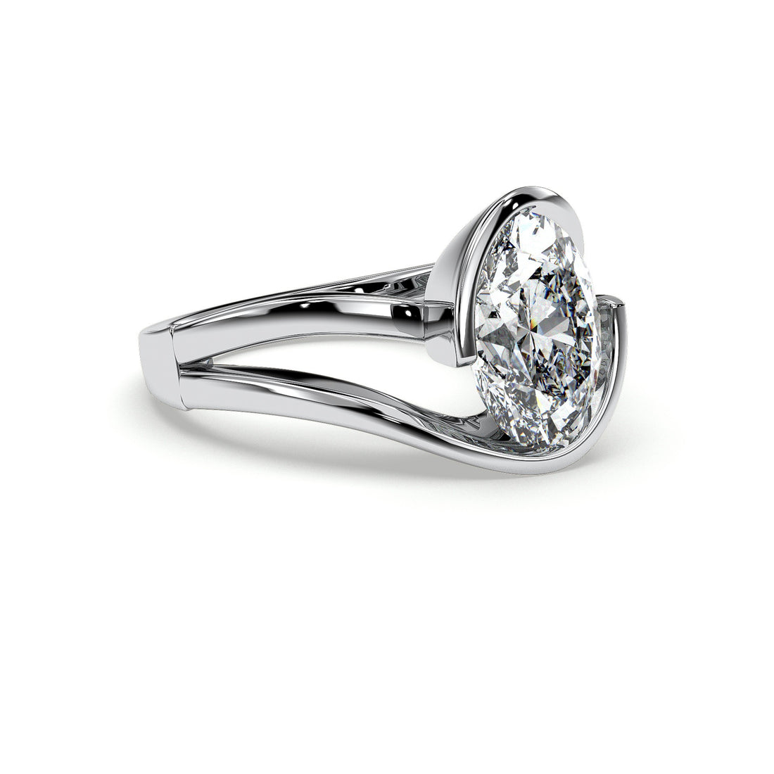 Feah Oval Cut Split Band Half Bezel Diamond Engagement Ring - 18K White