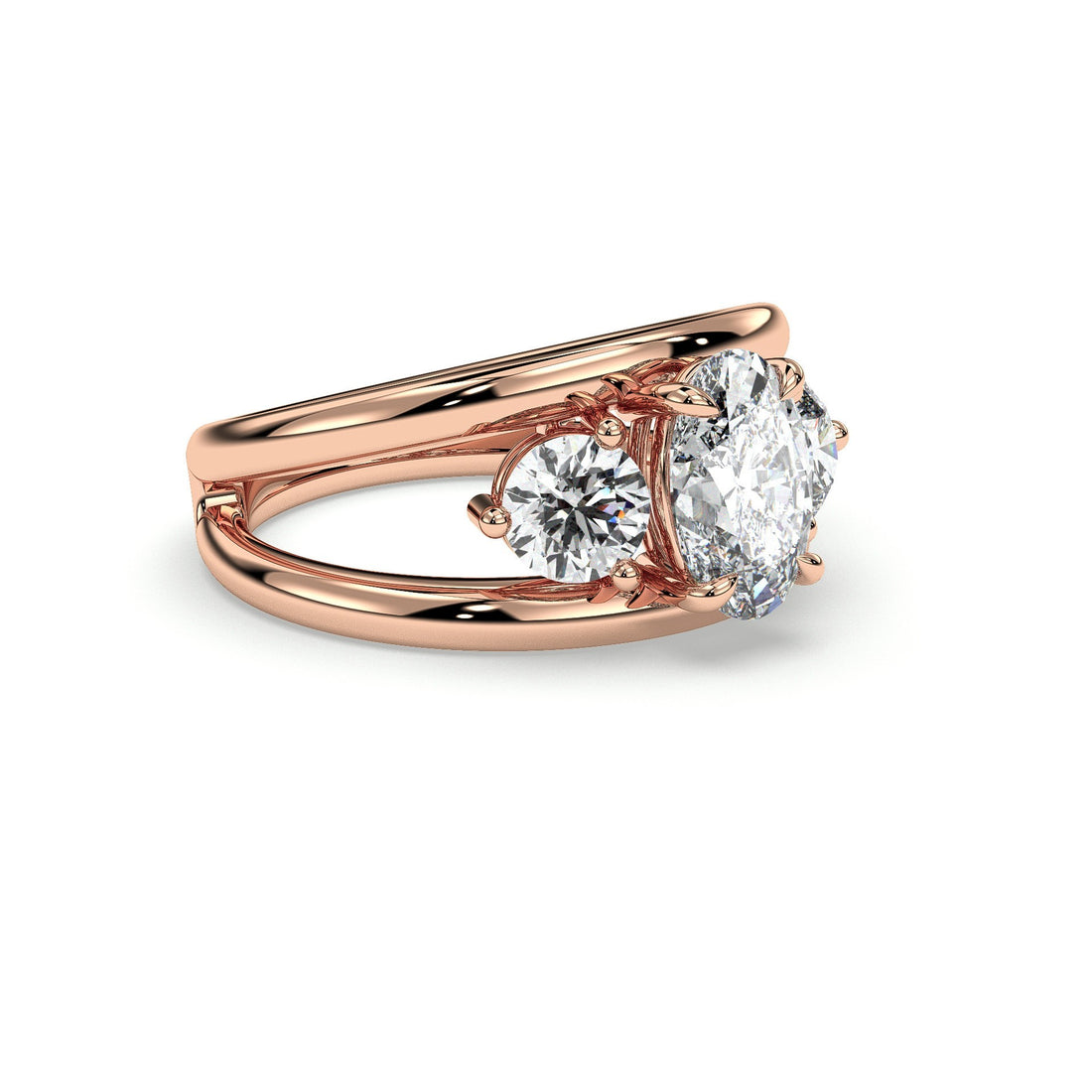 Lochan Trilogy Three Stone Ring Oval Cut Double Band with Round Cut Side Diamond Engagement Ring - 18K Rose
