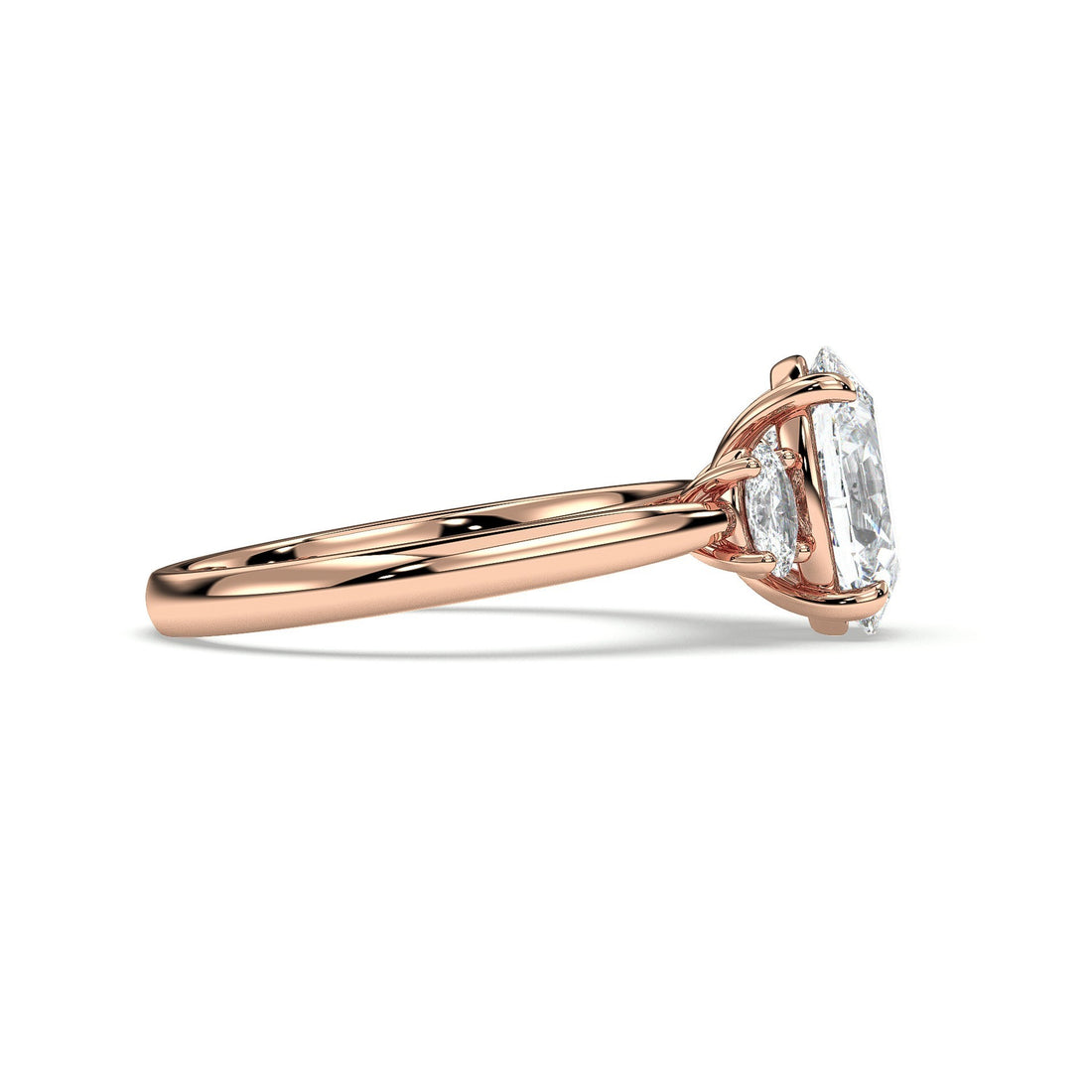 Jena Oval Cut Three Stone Ring with Cathedral Style Four Claw Setting Side stones Diamond Engagement Ring - 18K Rose
