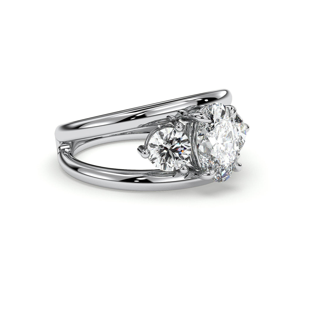Lochan Trilogy Three Stone Ring Oval Cut Double Band with Round Cut Side Diamond Engagement Ring - 18K White