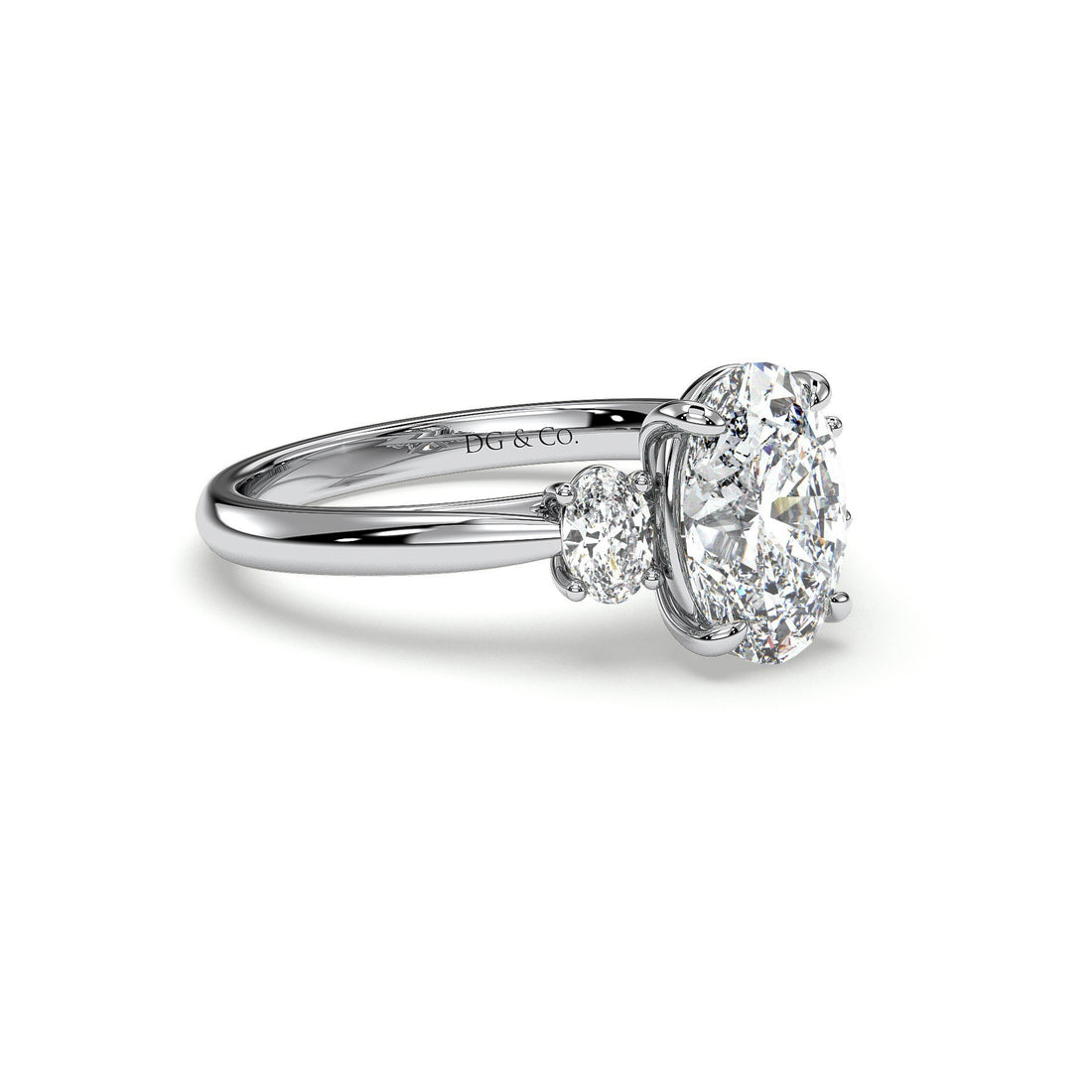 Jena Oval Cut Three Stone Ring with Cathedral Style Four Claw Setting Side stones Diamond Engagement Ring - 18K White