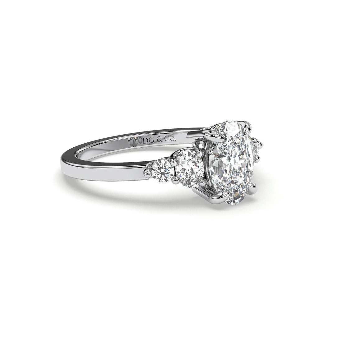 Anadem Three stones Oval Cut Oval with Round Brilliant sides Diamond Trilogy Engagement ring - 18K White