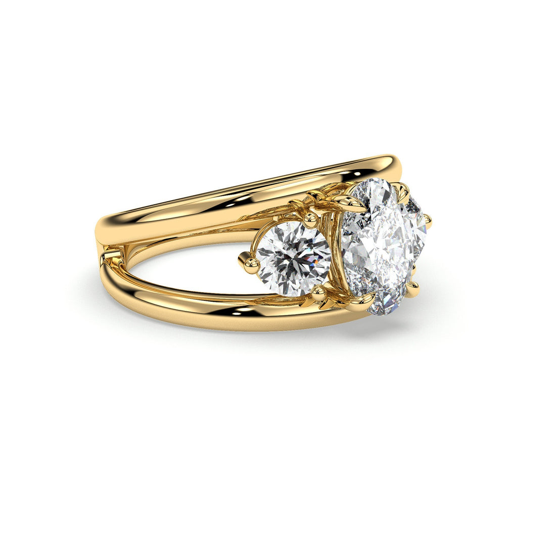 Lochan Trilogy Three Stone Ring Oval Cut Double Band with Round Cut Side Diamond Engagement Ring - 18K Yellow