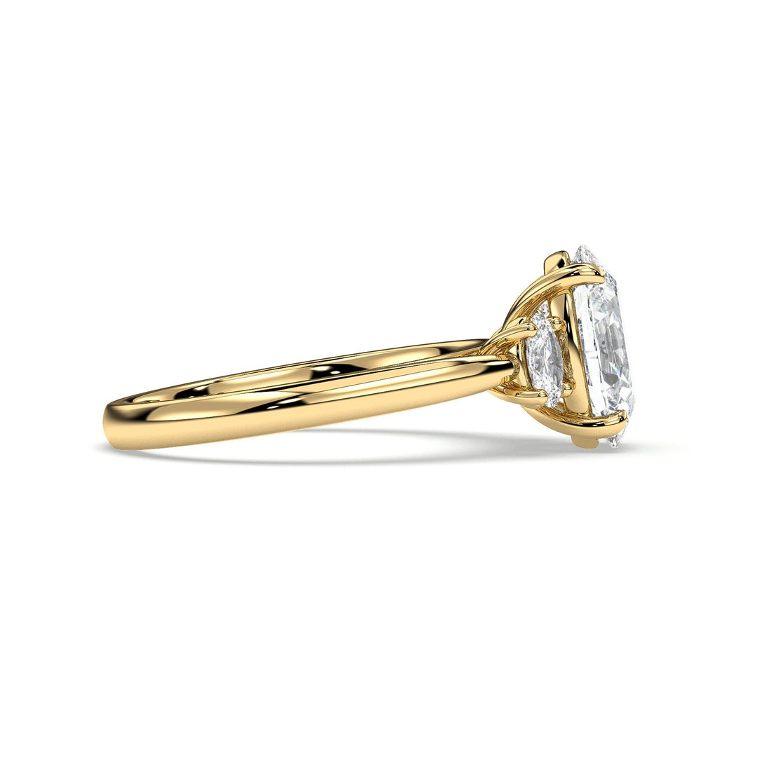 Jena Oval Cut Three Stone Ring with Cathedral Style Four Claw Setting Side stones Diamond Engagement Ring - 18K Yellow