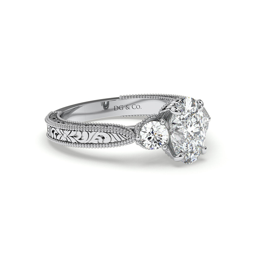 Aviana Trilogy Three Stones Antique Style Oval Cut Round Brilliant Cut Side Stone Diamond Engagement Ring - 18K White