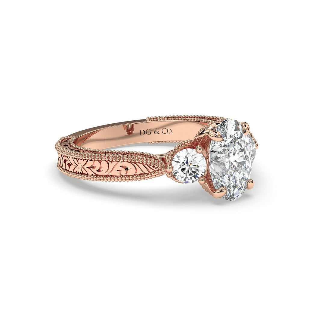 Aviana Trilogy Three Stones Antique Style Oval Cut Round Brilliant Cut Side Stone Diamond Engagement Ring - 18K Rose