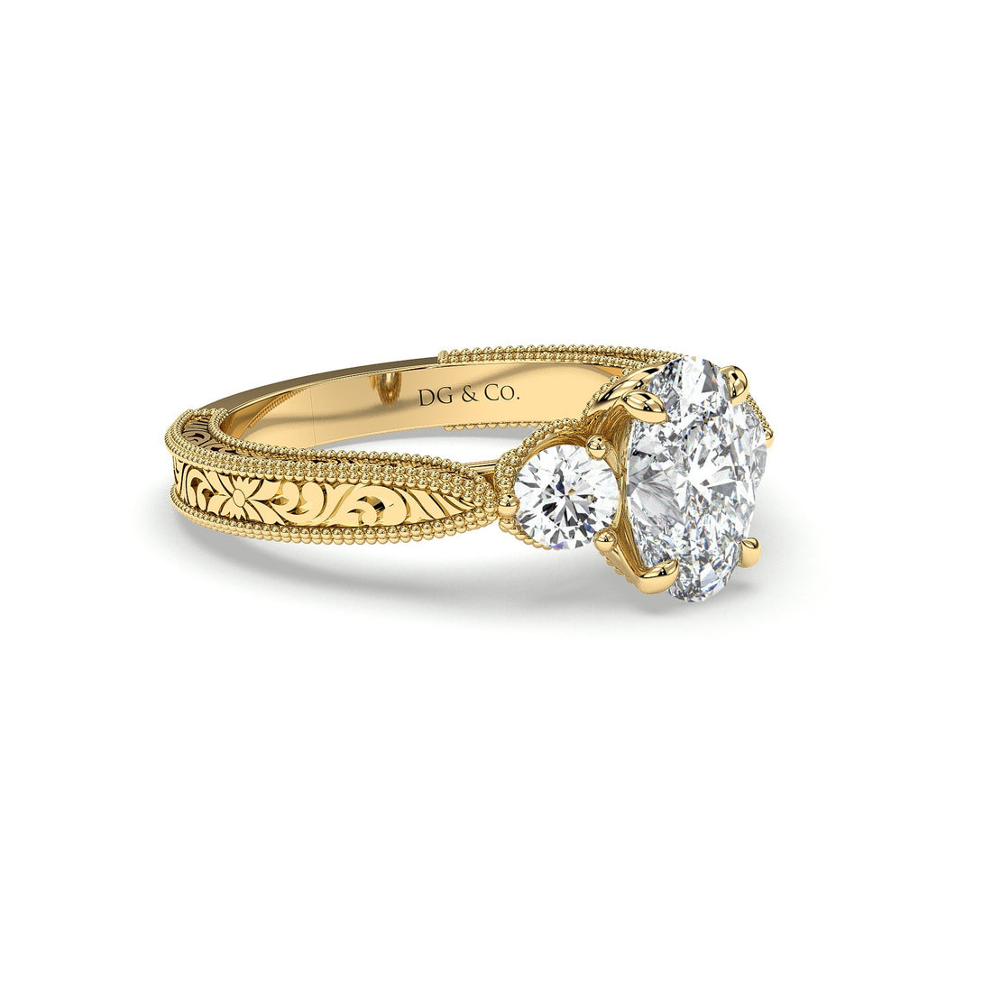 Aviana Trilogy Three Stones Antique Style Oval Cut Round Brilliant Cut Side Stone Diamond Engagement Ring - 18K Yellow