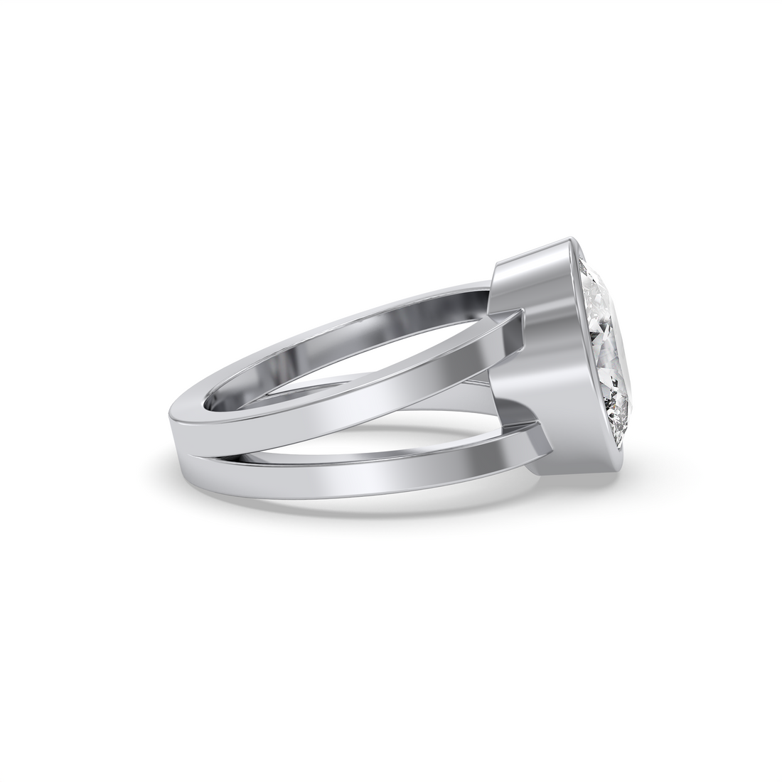 Veria Oval Cut Bezel Set Double band Low Setting Solitaire Diamond Engagement Ring - 18K White