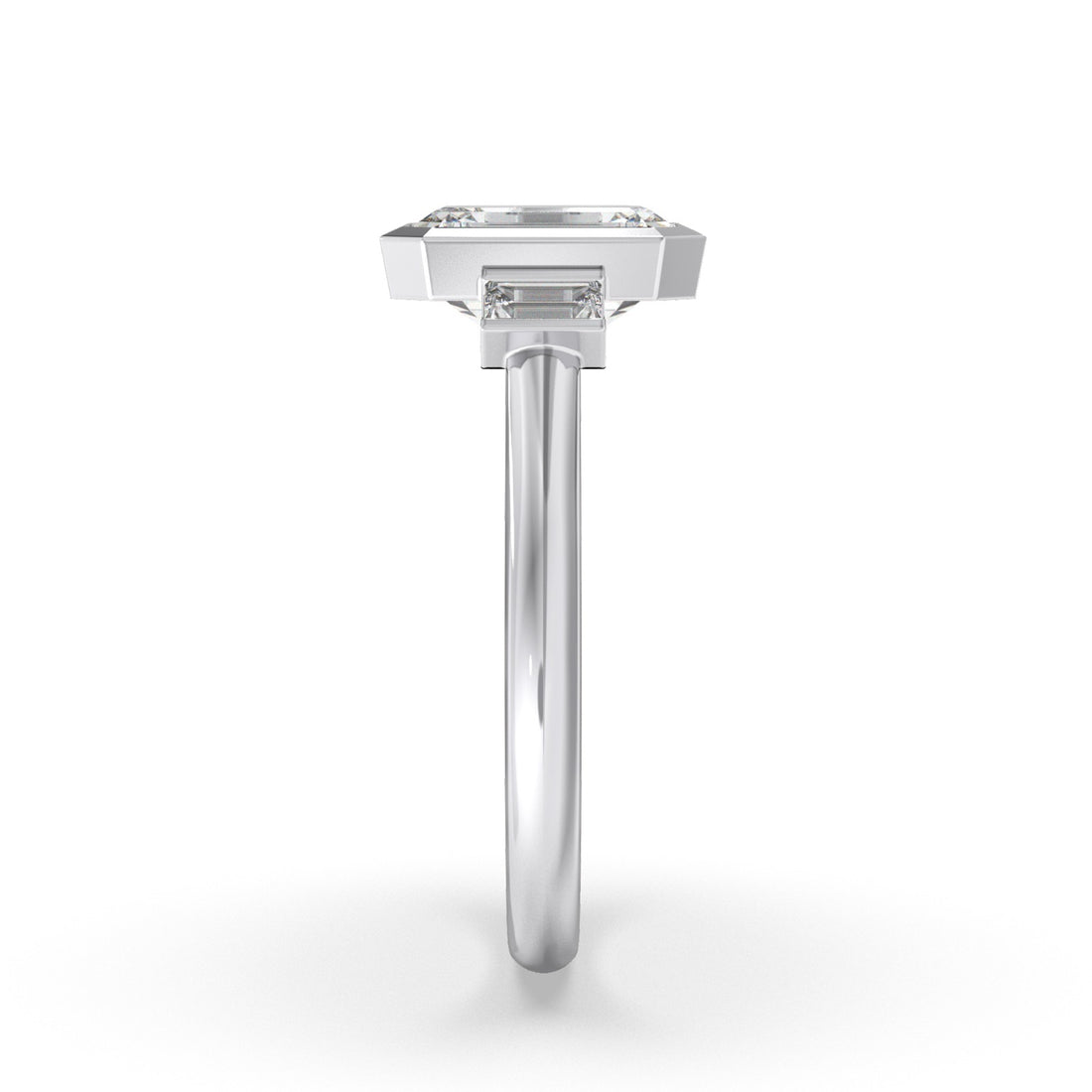 Nana Three stones Diamond Ring Bezel Set Emerald Cut Elongated Side Stones - 18K White