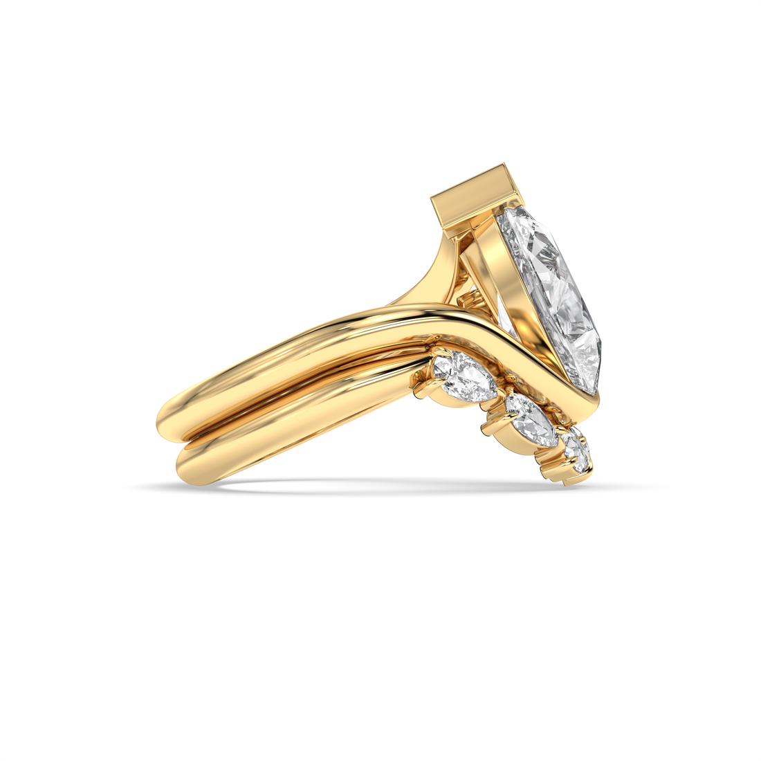 Loni Pear Cut Curvy Setting Half Bezel Set Diamond Engagement Ring with a Matching Curvy Diamond Wedding Ring Pear Shape with Three Claw Setting - 18K Yellow