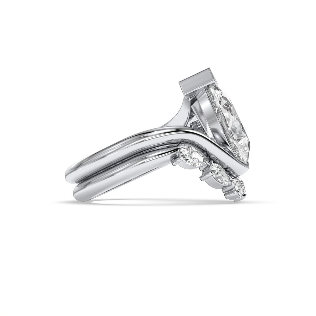 Loni Pear Cut Curvy Setting Half Bezel Set Diamond Engagement Ring with a Matching Curvy Diamond Wedding Ring Pear Shape with Three Claw Setting - 18K White