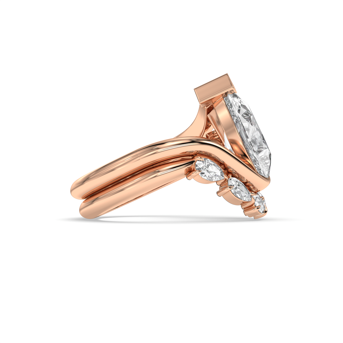 Loni Pear Cut Curvy Setting Half Bezel Set Diamond Engagement Ring with a Matching Curvy Diamond Wedding Ring Pear Shape with Three Claw Setting - 18K Rose