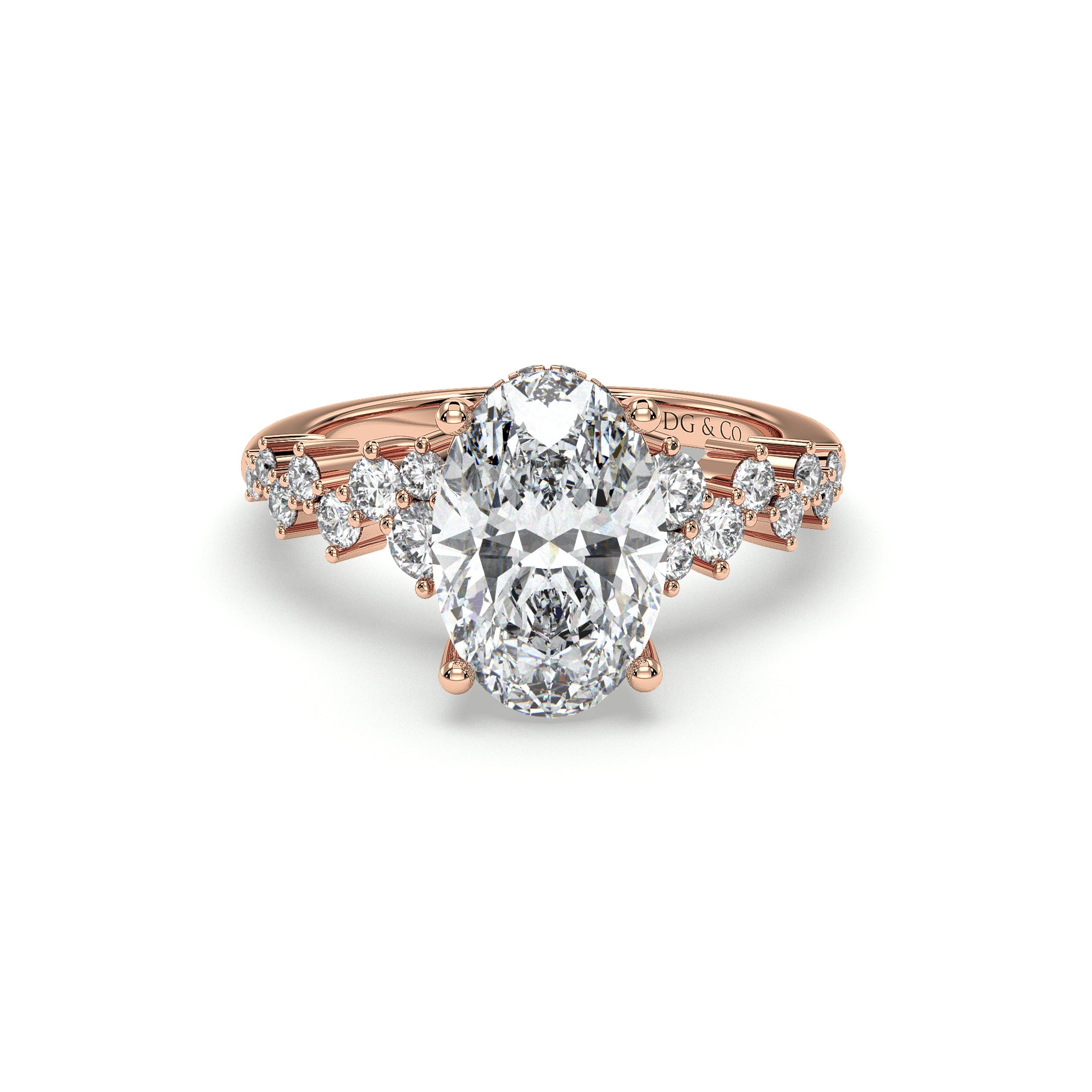 Skye Oval Cut Hidden Halo Side Stone Four Claw Diamond Ring - 18K Rose ...