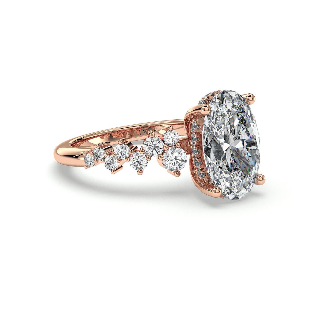 Skye Oval Cut Hidden Halo Side Stone Four Claw Diamond Ring - 18K Rose
