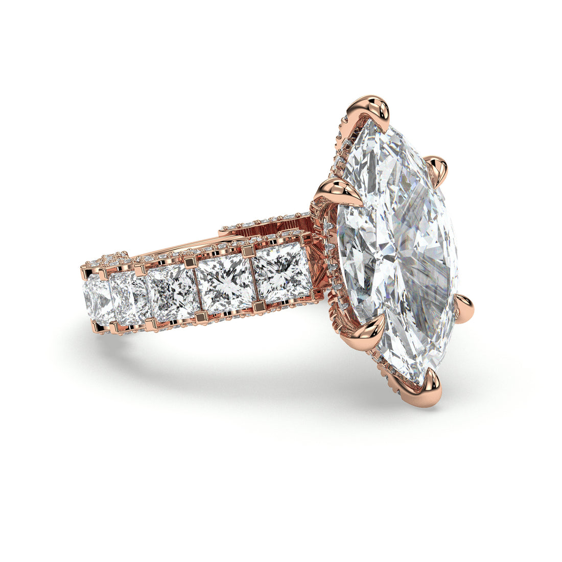 Above The dream Six Claw Marquise Cut Hidden Halo Diamond Engagement Ring with Princess Cut Side Stones - 18K Rose