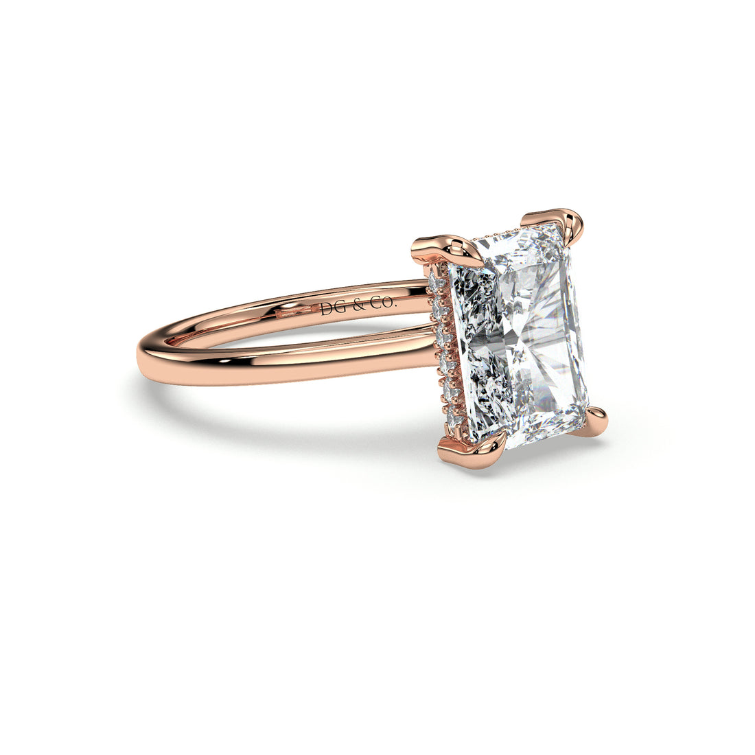 AVA Cathedral Setting Radiant Cut Solitaire Hidden Halo Four Claw Setting Diamond Engagement Ring - 18K Rose