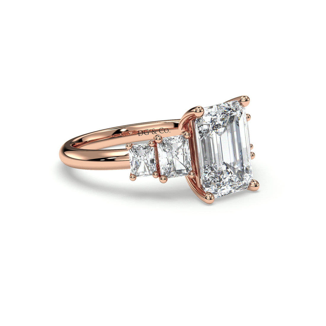 Jacinta Emerald Cut Three Stones Radiant Cut Claw Setting Side stones Diamond Ring - 18K Rose