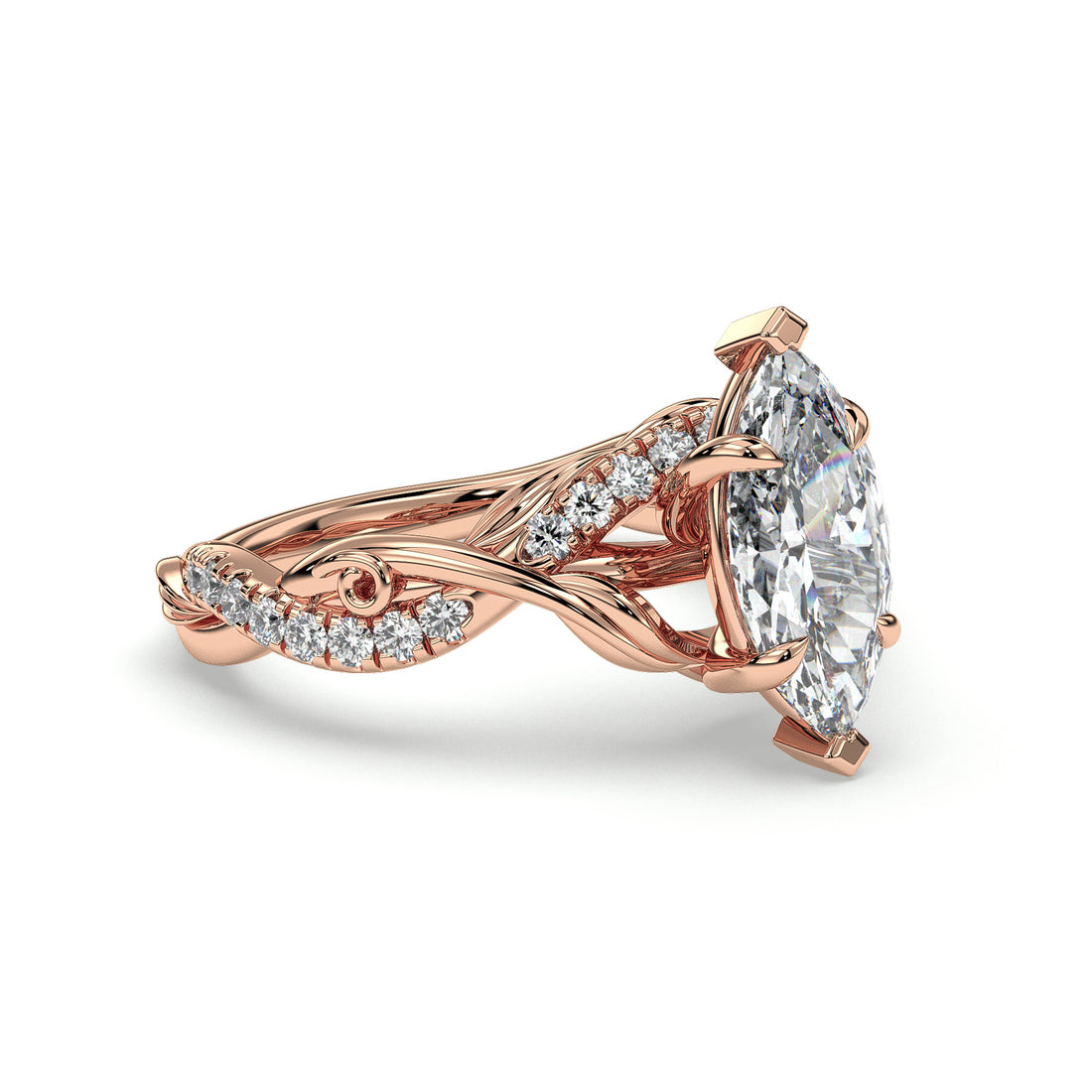 Clover Marquise Cut Twist Band Floral Style Pave setting Side Stones Diamond Engagement Ring - 18K Rose