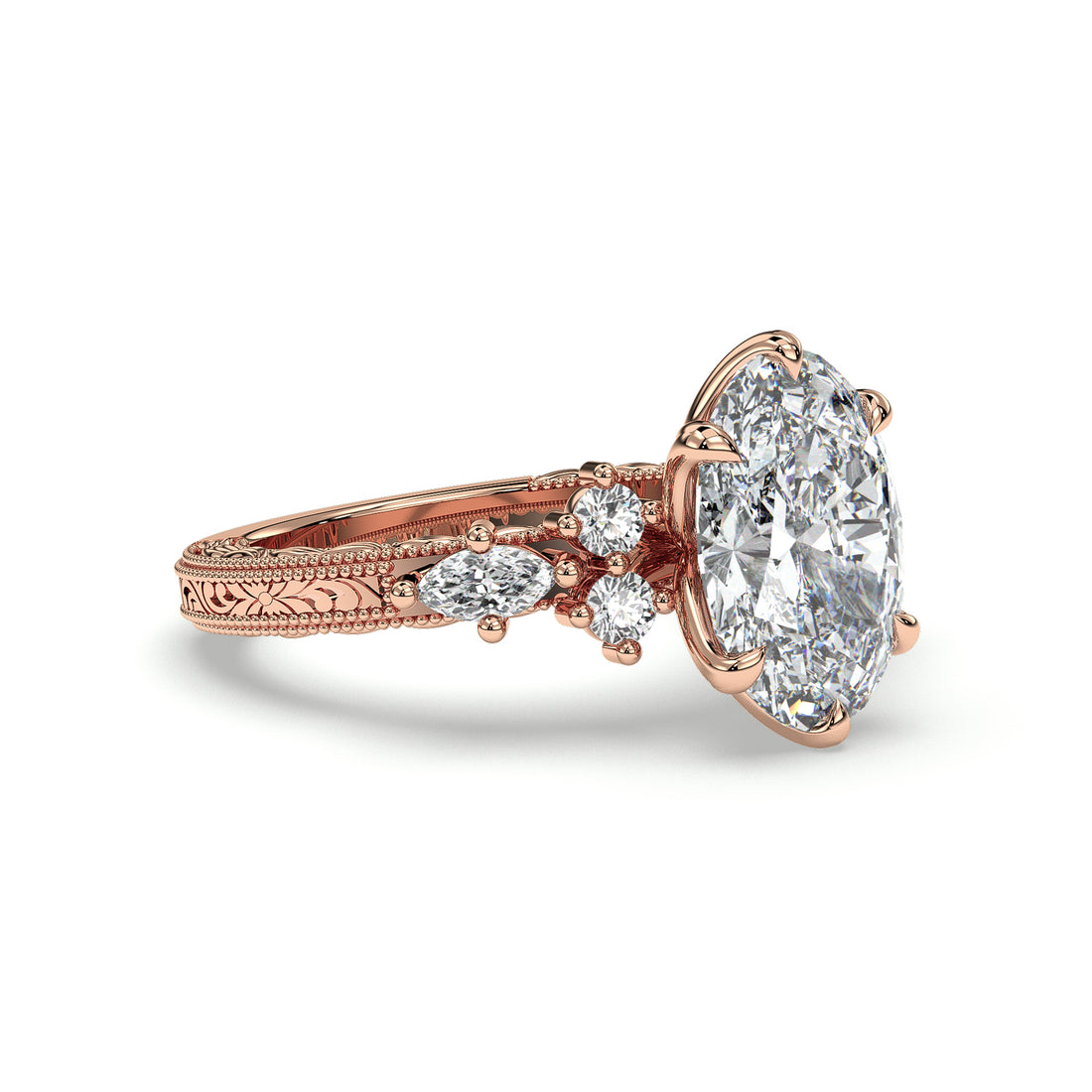 Ambre Oval Cut Engraved Antique Vintage Style Marquise and Round Side Stones six Claw Setting Centre stone Diamond ring - 18K Rose