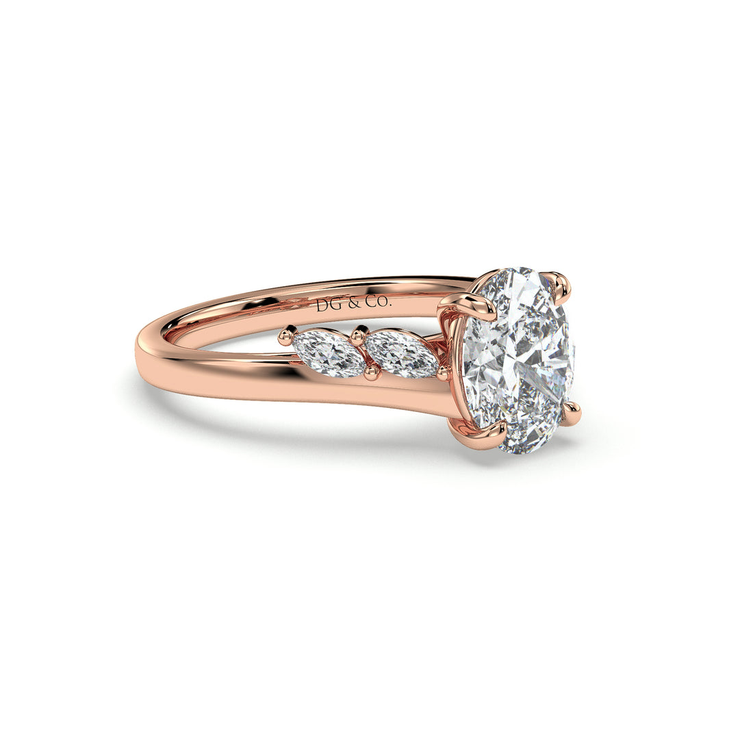 Poppy Oval Cut Four Claw Setting Marquise cut side stones Diamond Ring - 18K Rose