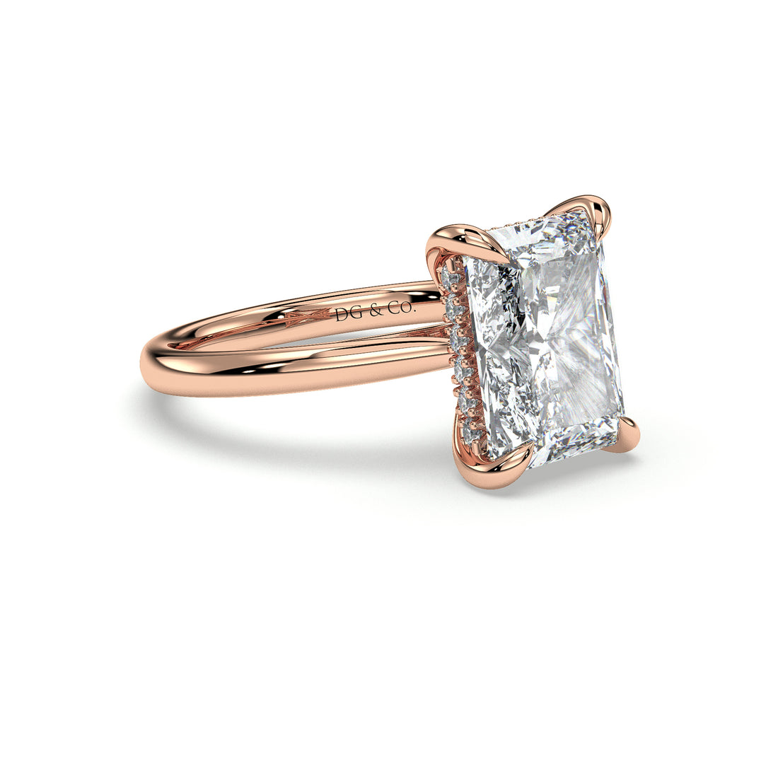 Rene Solitaire Cathedral Radiant Cut Setting Hidden Halo Four Claw Diamond Engagement Ring - 18K Rose
