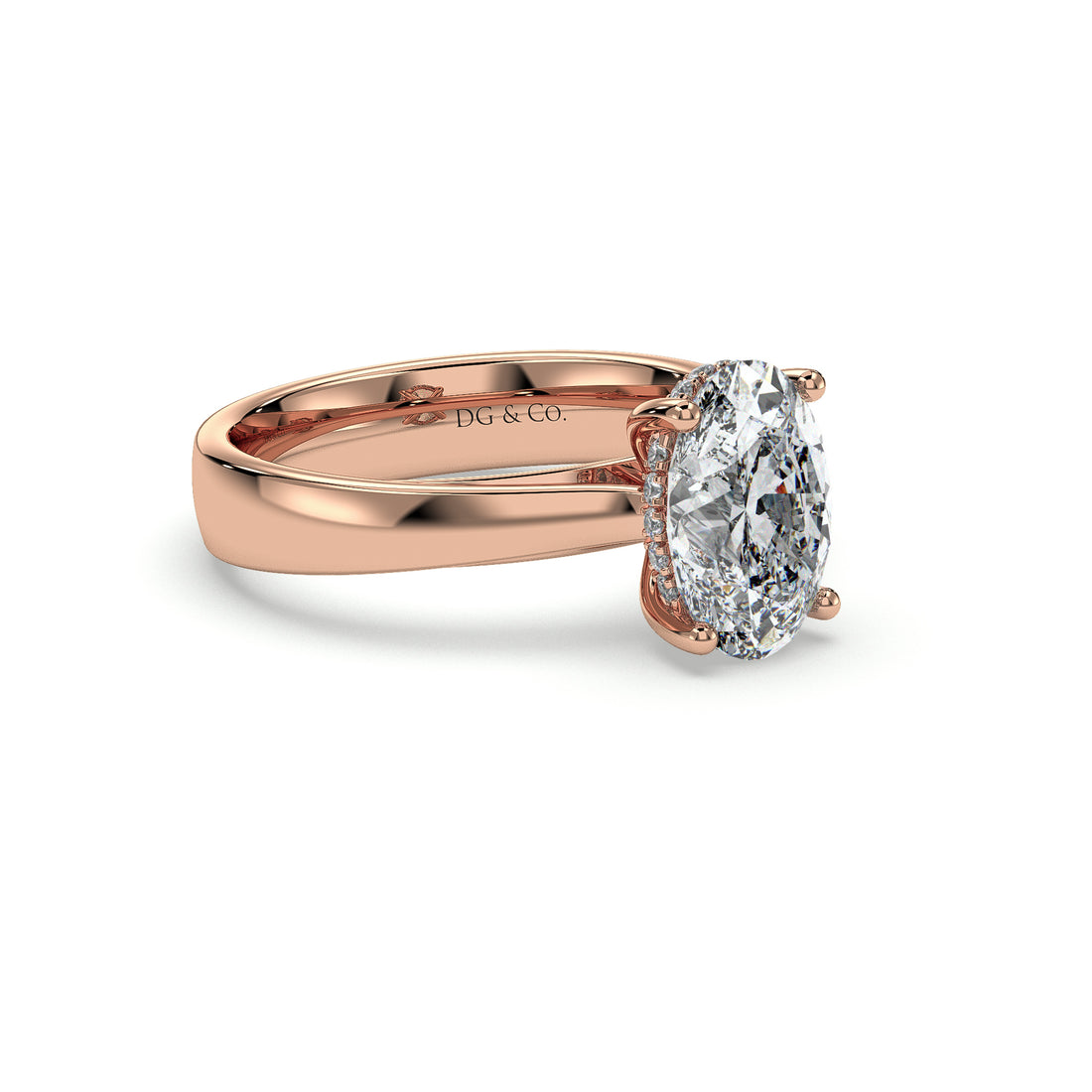Ama Oval Cut Solitaire Cathedral Thick Band Hidden Halo Four Claw Diamond Engagement Ring - 18K Rose
