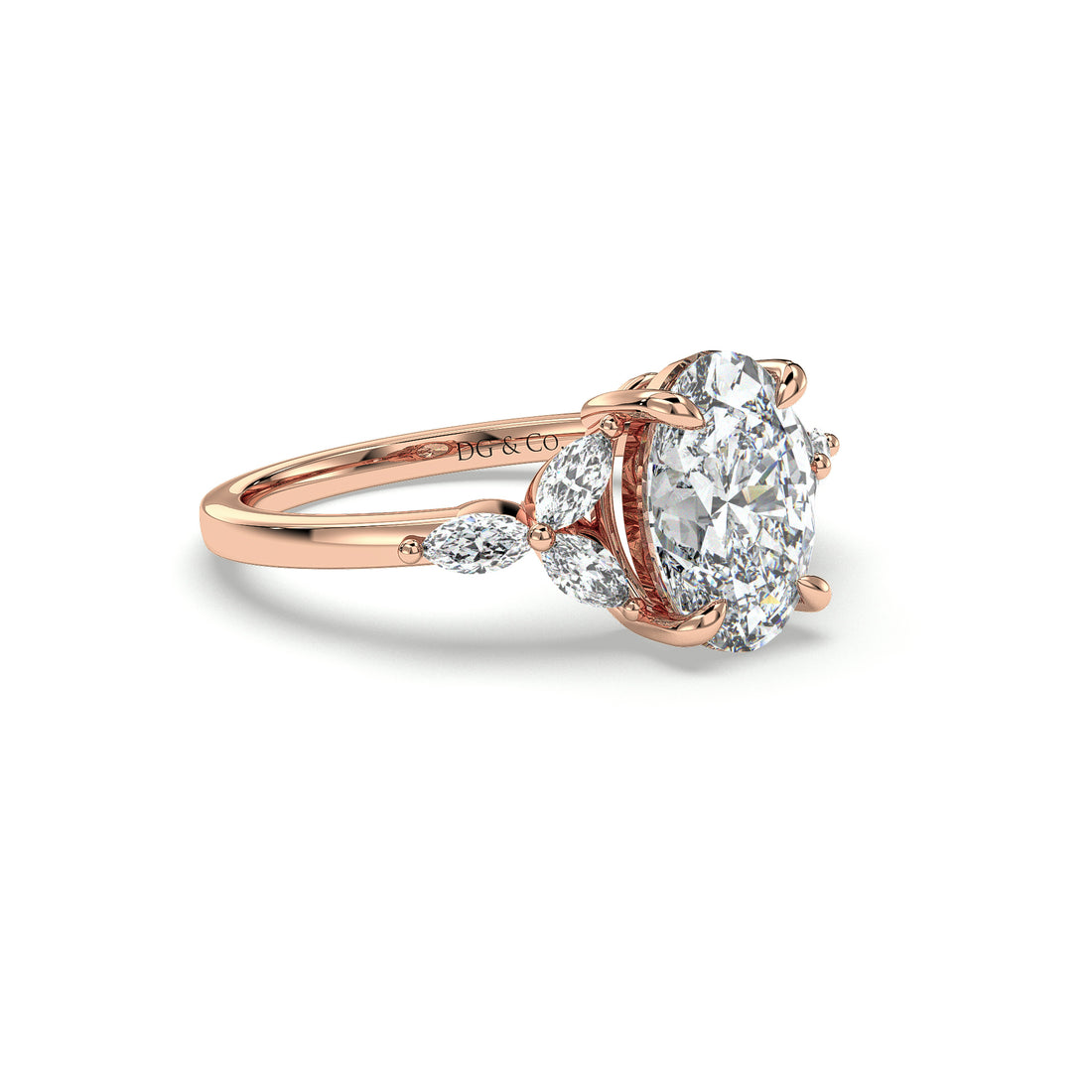 Austria Oval Cut Flower Marquise Cut Sides Diamond Engagement Ring - 18K Rose