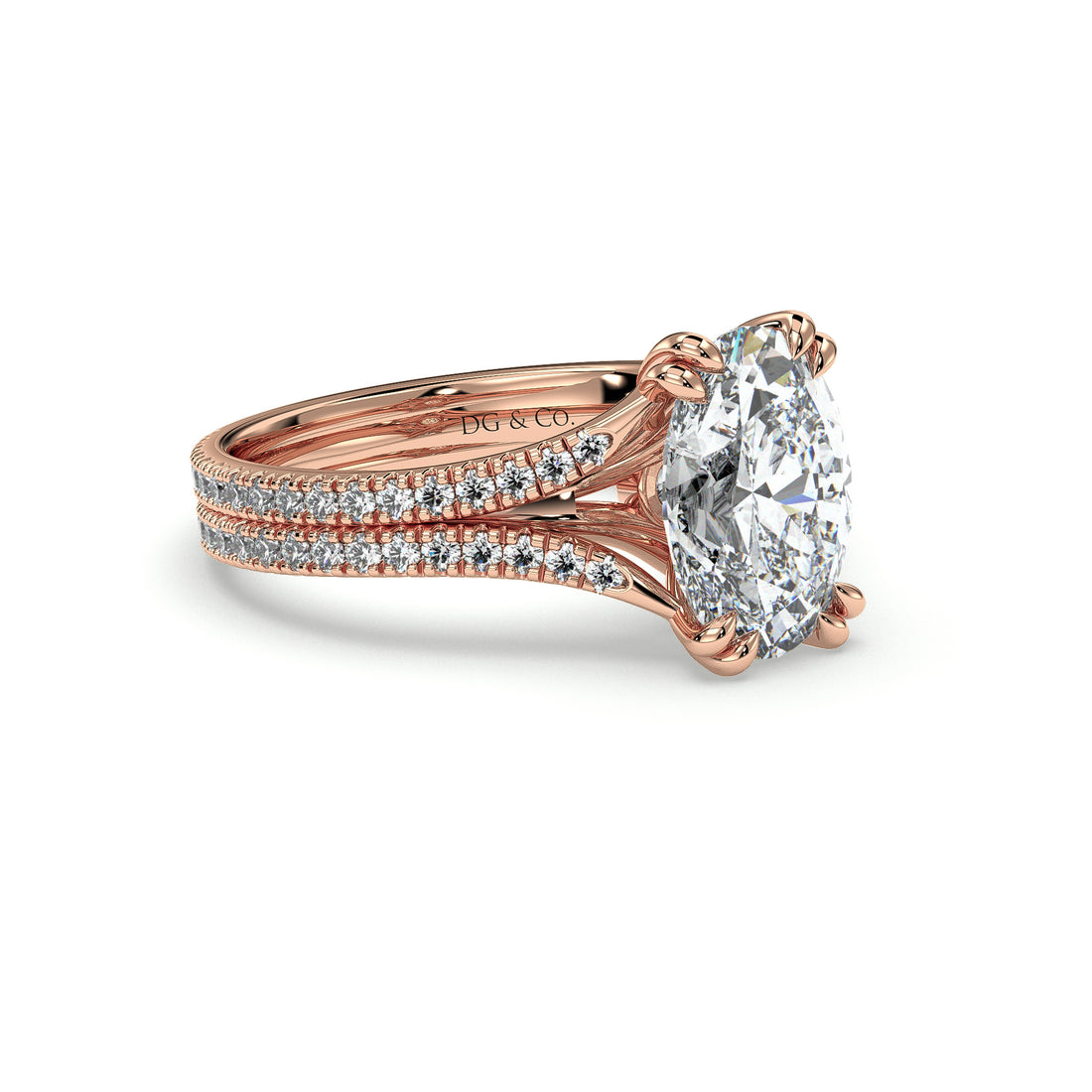 Acasia Oval Cut Double Split Band Double Claw Pave Setting Diamond Ring - 18K Rose