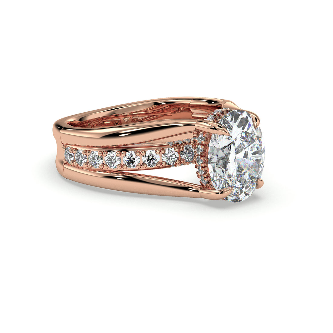 Sasha Oval Cut Cathedral Setting Three Band Hidden Halo with a Four Claw Pave Setting Side Stone Diamond Ring- 18K Rose