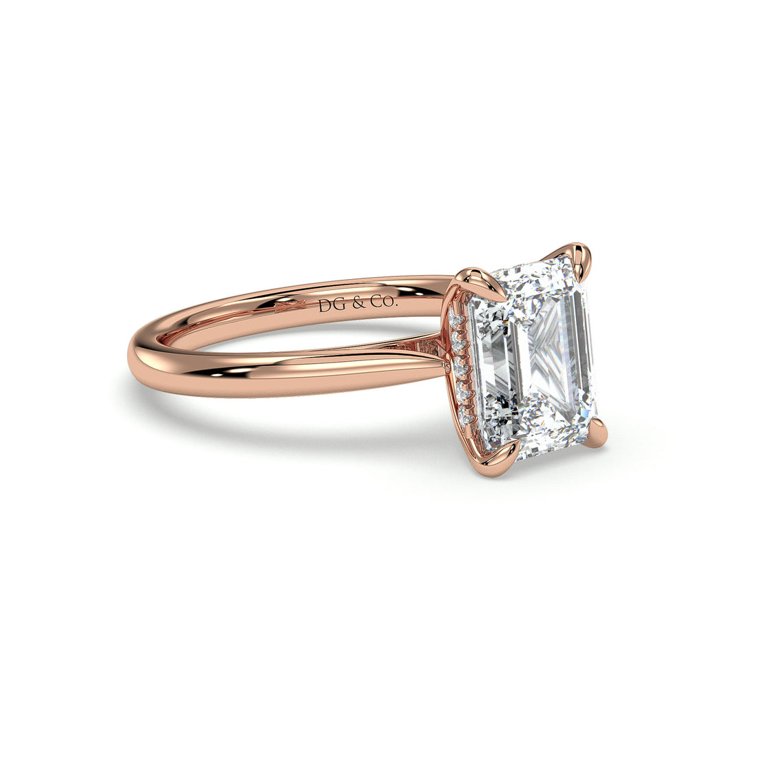 Paige Emerald Cut Solitaire Cathedral Hidden Halo Setting Tapered Band Diamond Engagement Ring - 18K Rose