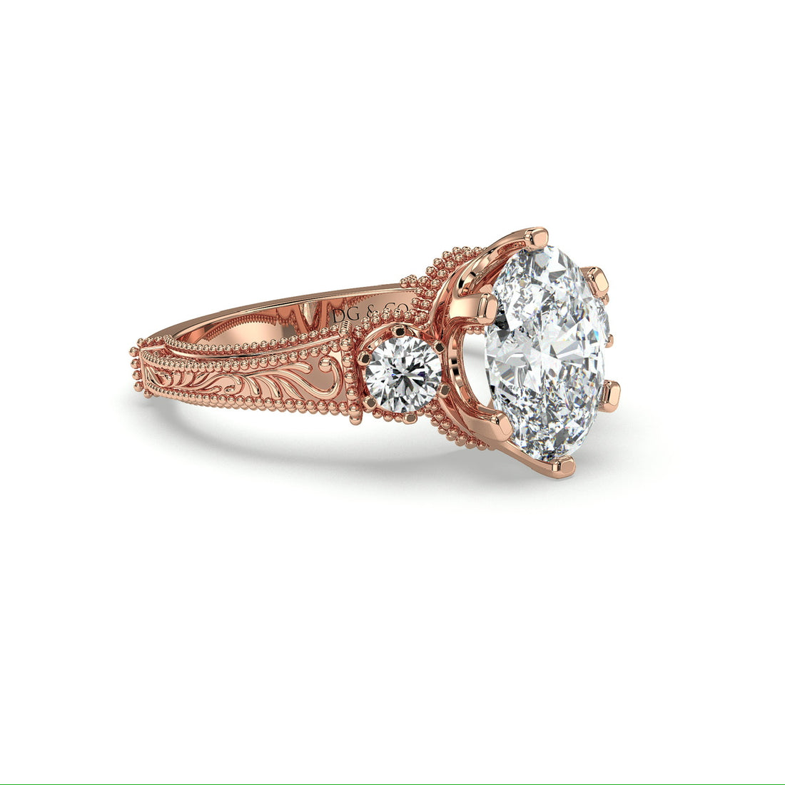 Roma Oval Cut Trilogy Antique Vintage Style Six Claw Diamond Engagement Ring - 18K Rose