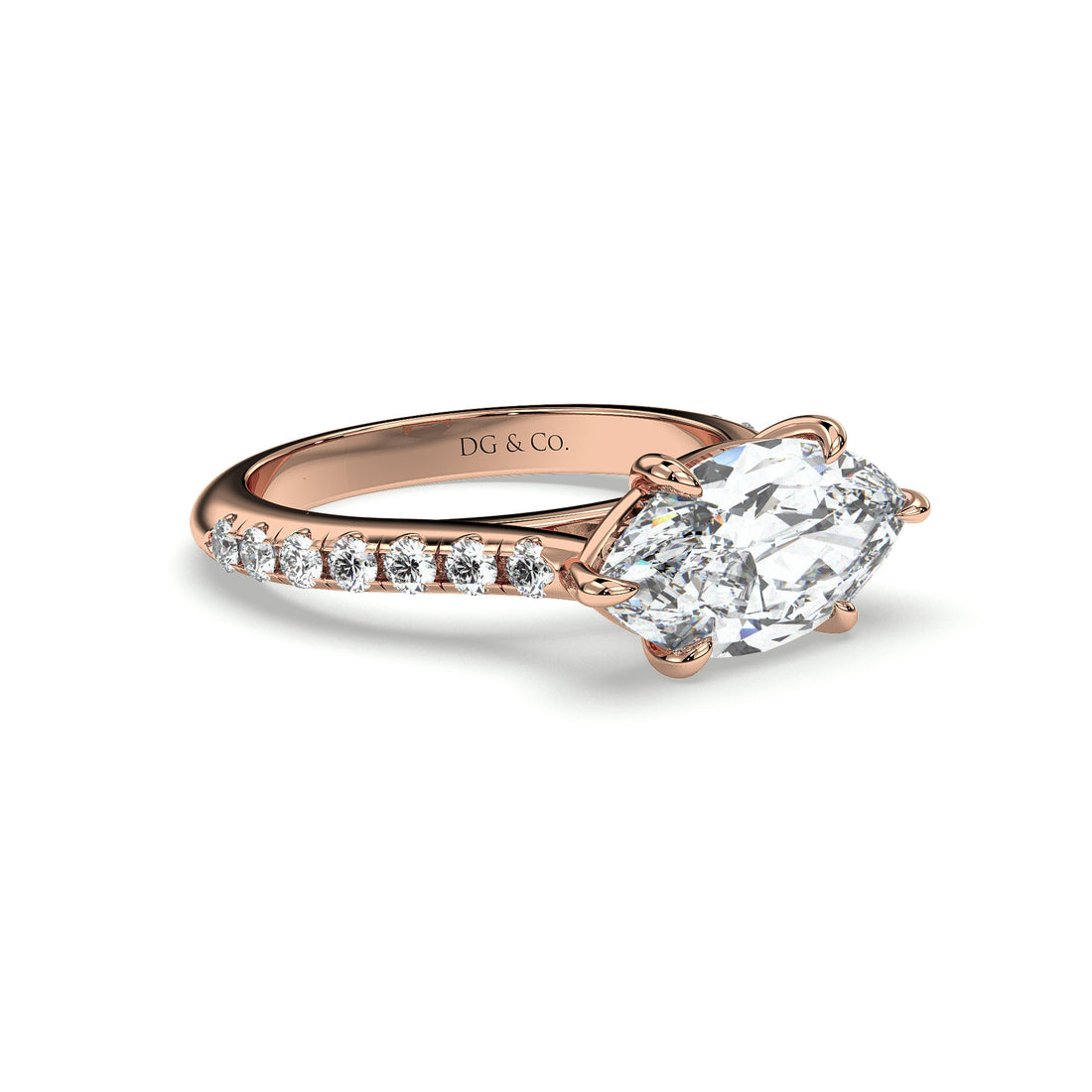 Moon Maquise Cut Cathedral East West Setting Pave Side Stones Setting Diamond Engagement Ring - 18K Rose