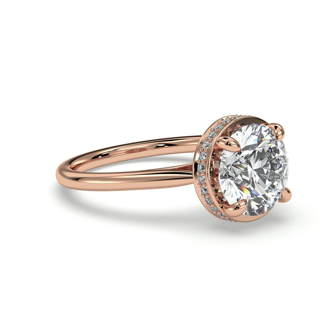 Frieda Solitaire Round Brilliant Cut Cathedral Style Hidden Halo four Claw Setting Diamond Ring - 18K Rose