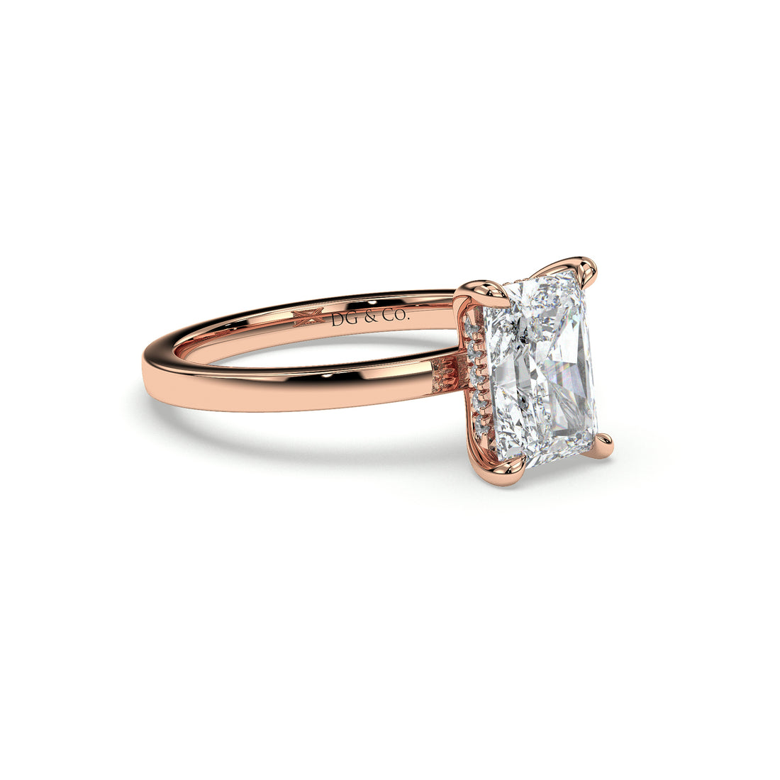 Breath Solitaire Radiant Cut Hidden Halo Four Claw Setting Diamond Engagement Ring - 18K Rose