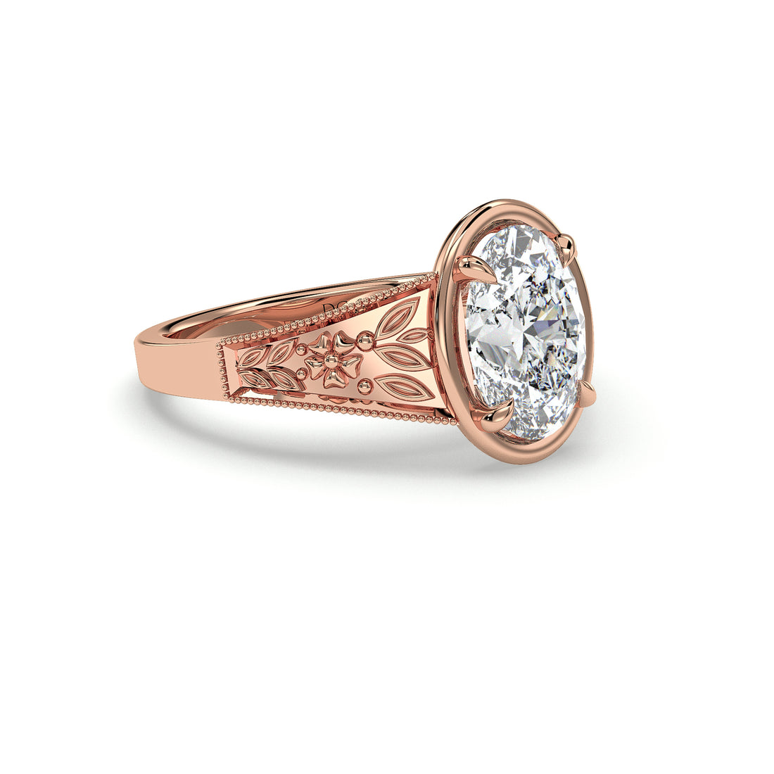 Casey Oval Cut Antique Style Bezel Frame Cathedral Setting Four Claw Setting Engagement Ring - 18K Rose