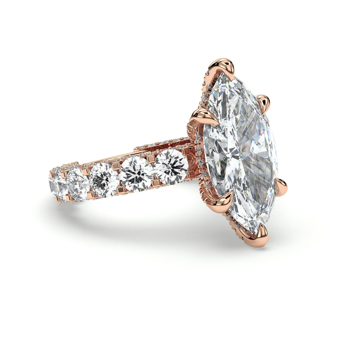 Glowing Marquise Cut Hidden Halo with Round Brilliant Cut Side Stones Diamond Engagement Rings - 18K Rose