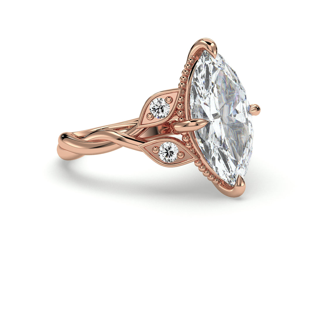 Azucena Marquise Cut Antique Style Twist Band Cathedral with Four Claw Setting Diamond Engagement Ring - 18K Rose