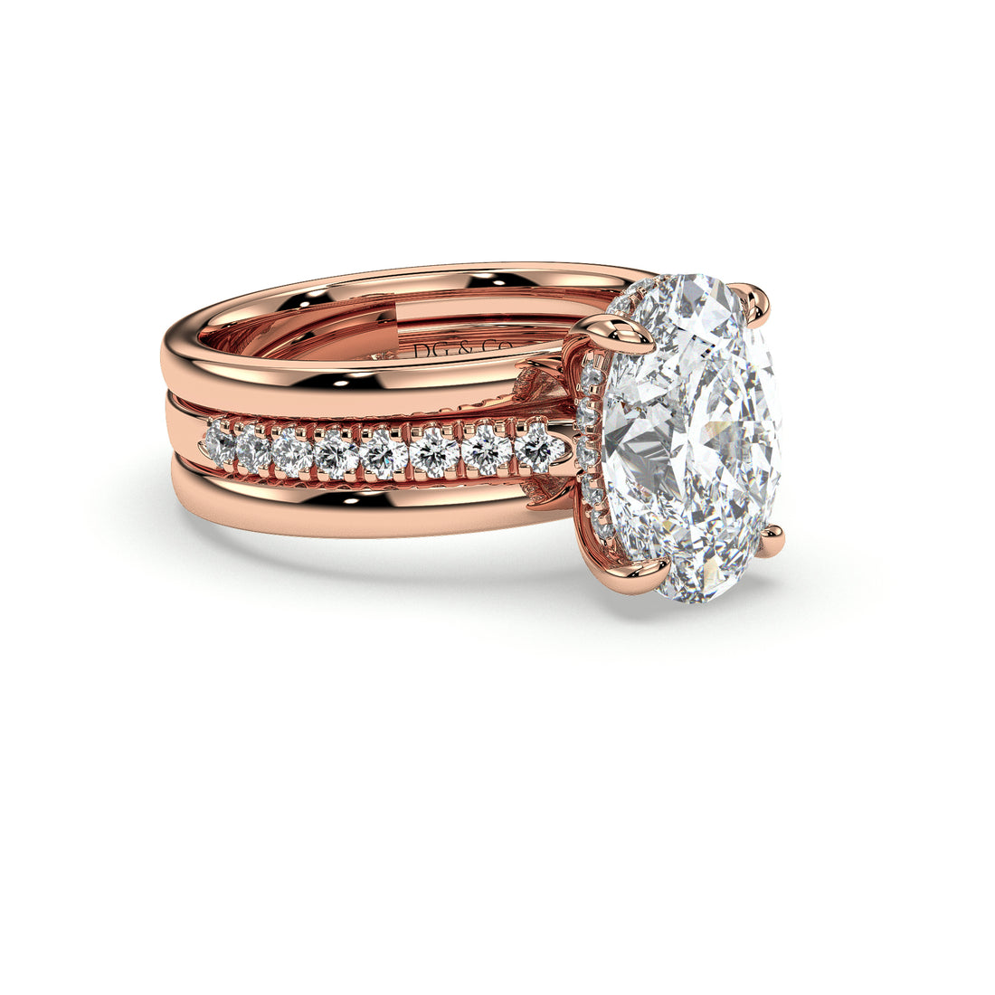Geneva Oval Cut Trible Band Hidden Halo Pave Setting Side Stones Diamond Engagement Ring - 18K Rose