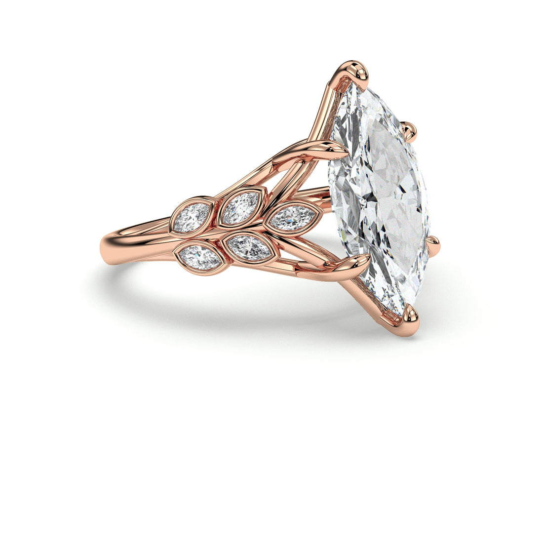 Sadie Marquise Cut Six Claw Setting with Marquise Cut Bezel Set Side Stone Diamond Ring - 18K Rose